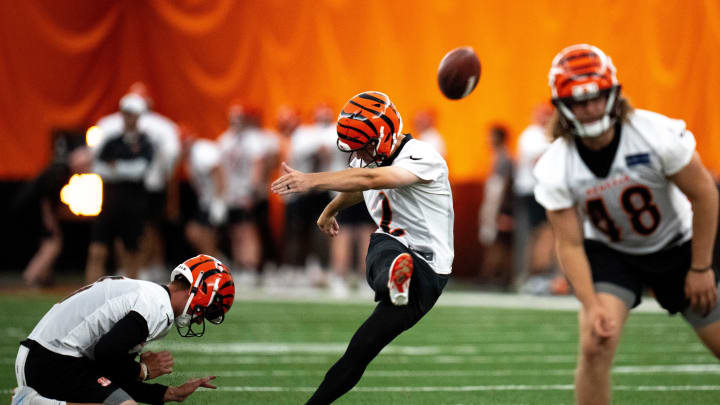 Cincinnati Bengals kicker Evan McPherson (2) kicks a field goal at Bengals spring practice at the IEL Indoor Facility in Cincinnati on Tuesday, June 11, 2024.