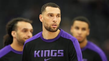Apr 11, 2025; Sacramento, California, USA; Sacramento Kings guard Zach LaVine (8) before the game against the Los Angeles Clippers at Golden 1 Center. Mandatory Credit: Darren Yamashita-Imagn Images