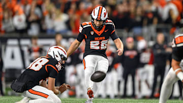 Oct 18, 2025; Corvallis, Oregon, USA; Oregon State Beavers kicker Caleb Ojeda (28) kicks a field goal at the end of the first quarter against the Lafayette Leopards at Reser Stadium. Mandatory Credit: Craig Strobeck-Imagn Images