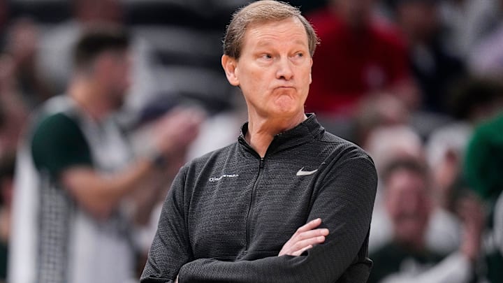 Oregon Ducks head coach Dana Altman reacts to a missed three point basketball Friday, March 14, 2025, during the third round of the men's Big Ten tournament at Gainbridge Fieldhouse in Indianapolis.