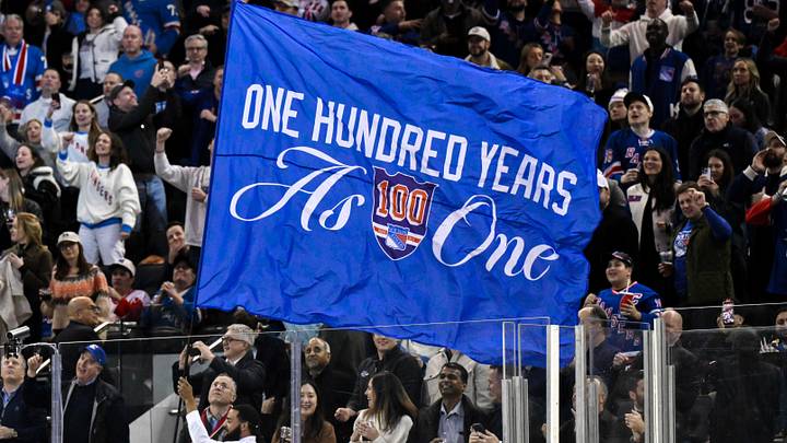 Nov 16, 2025; New York, New York, USA; General view of a flag being waved by New York Rangers staff during the second period against the Detroit Red Wings at Madison Square Garden. Nov 16, 2025; New York, New York, USA; General view of a flag being waved by New York Rangers staff during the second period against the Detroit Red Wings at Madison Square Garden.