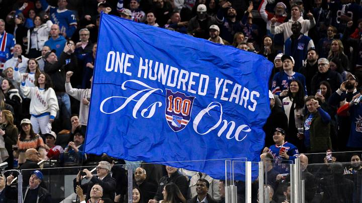 Nov 16, 2025; New York, New York, USA; General view of a flag being waved by New York Rangers staff during the second period against the Detroit Red Wings at Madison Square Garden. Nov 16, 2025; New York, New York, USA; General view of a flag being waved by New York Rangers staff during the second period against the Detroit Red Wings at Madison Square Garden.