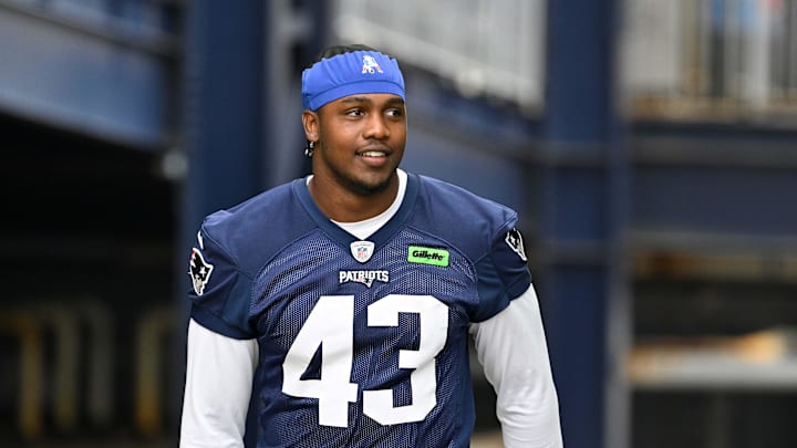 Jun 9, 2025; Foxborough, MA, USA; New England Patriots defensive end Bradyn Swinson (43) walks to the practice fields at Gillette Stadium. Mandatory Credit: Eric Canha-Imagn Images