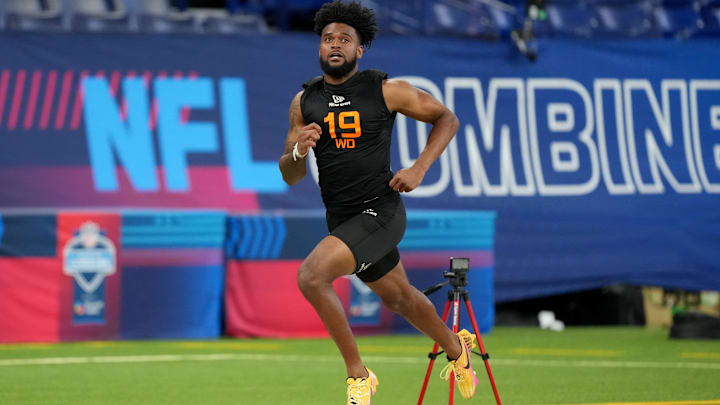 Oregon wideout Traeshon Holden during the 2025 NFL Combine at Lucas Oil Stadium. Oregon wideout Traeshon Holden during the 2025 NFL Combine at Lucas Oil Stadium.