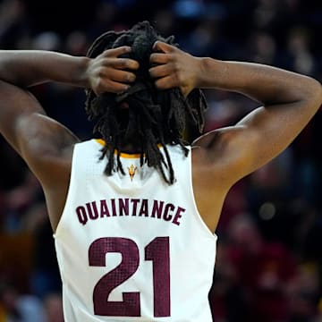 ASU center Jayden Quaintance (21) reacts after his fifth foul against Iowa State during a game at Desert Financial Arena in Tempe on Jan. 25, 2025.