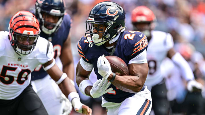 Aug 17, 2024; Chicago, Illinois, USA; Chicago Bears running back Khalil Herbert (24) runs the ball against the Cincinnati Bengals during the first quarter at Soldier Field. Mandatory Credit: Daniel Bartel-USA TODAY Sports