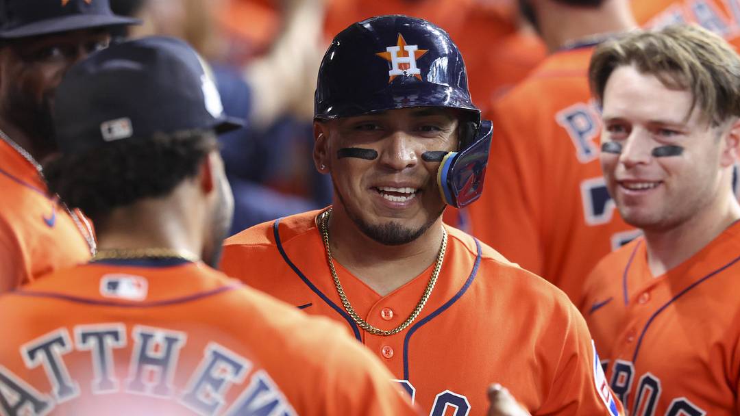 Jun 5, 2026; Houston, Texas, USA; Houston Astros designated hitter Isaac Paredes (15) celebrates in the dugout after hitting a home run during the first inning against the Athletics at Daikin Park. Mandatory Credit: Troy Taormina-Imagn Images
