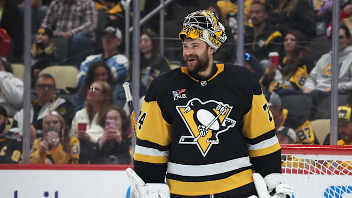 Mar 22, 2026; Pittsburgh, Pennsylvania, USA;  Pittsburgh Penguins goaltender Stuart Skinner (74) reacts against the Carolina Hurricanes during the second period at PPG Paints Arena. Mandatory Credit: Charles LeClaire-Imagn Images