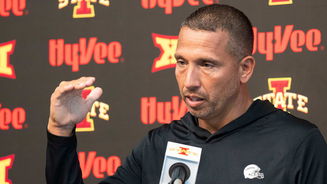 Iowa State football head coach Matt Campbell speaks during Iowa State football media day at Stark Performance Center on July 25, 2025, in Ames.