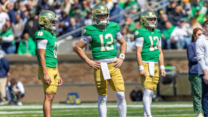 Apr 12, 2025; Notre Dame, IN, USA; Notre Dame Fighting Irish quarterback Kenny Minchey (8), Notre Dame Fighting Irish quarterback Blake Hebert (12), Notre Dame Fighting Irish quarterback CJ Carr (13) watch during the Blue-Gold game at Notre Dame Stadium. Mandatory Credit: Michael Caterina-Imagn Images