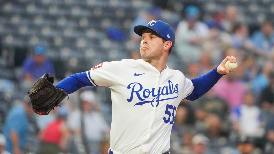 Sep 17, 2025; Kansas City, Missouri, USA; Kansas City Royals starting pitcher Cole Ragans (55) delivers a pitch against the Seattle Mariners during the first inning at Kauffman Stadium. Mandatory Credit: Denny Medley-Imagn Images