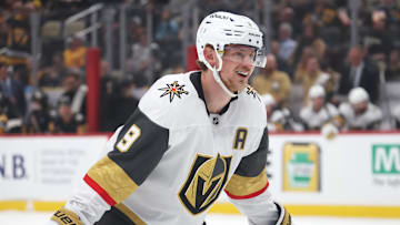 Mar 11, 2025; Pittsburgh, Pennsylvania, USA;  Vegas Golden Knights center Jack Eichel (9) reacts before a face-off against the Pittsburgh Penguins during the second period at PPG Paints Arena. Mandatory Credit: Charles LeClaire-Imagn Images