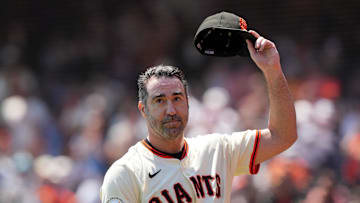 Aug 10, 2025; San Francisco, California, USA; San Francisco Giants starting pitcher Justin Verlander (35) tips his cap after recording his 3500th career strikeout during the first inning against the Washington Nationals at Oracle Park. Mandatory Credit: Darren Yamashita-Imagn Images