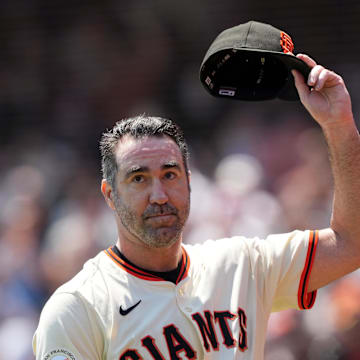 Aug 10, 2025; San Francisco, California, USA; San Francisco Giants starting pitcher Justin Verlander (35) tips his cap after recording his 3500th career strikeout during the first inning against the Washington Nationals at Oracle Park. Mandatory Credit: Darren Yamashita-Imagn Images