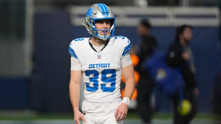Dec 14, 2025; Inglewood, California, USA; Detroit Lions place kicker Jake Bates (39) is seen during warmups prior to the game against the Los Angeles Rams at SoFi Stadium. Mandatory Credit: Kirby Lee-Imagn Images