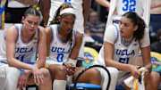 Apr 4, 2025; Tampa, FL, USA;  UCLA Bruins guard Gabriela Jaquez (11), forward Janiah Barker (0) and center Lauren Betts (51) react on the bench during the fourth quarter in a semifinal of the women's 2025 NCAA tournament against the Connecticut Huskies at Amalie Arena. Mandatory Credit: Kirby Lee-Imagn Images