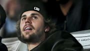 Recording artist Justin Bieber watches play during Super Bowl LVIII between Kansas City Chiefs and San Francisco 49ers 