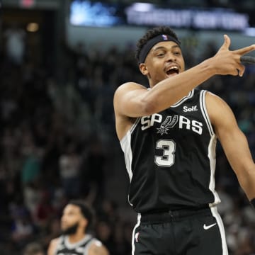 Mar 29, 2024; San Antonio, Texas, USA; San Antonio Spurs forward Keldon Johnson (3) reacts during the second half against the New York Knicks at Frost Bank Center. Mandatory Credit: Scott Wachter-USA TODAY Sports