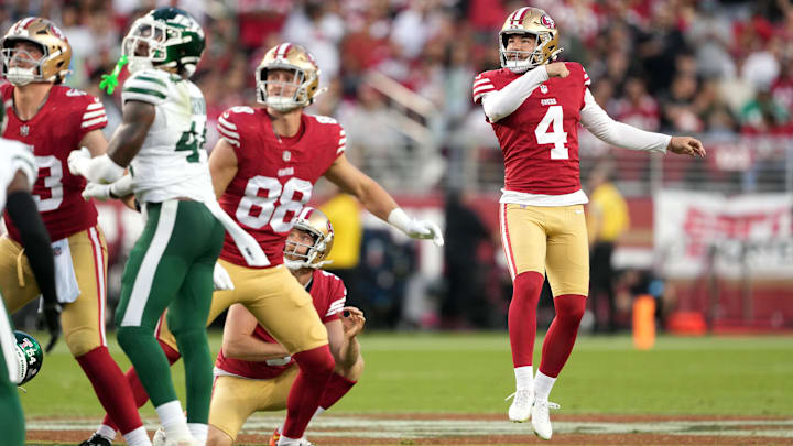 Sep 9, 2024; Santa Clara, California, USA; San Francisco 49ers place kicker Jake Moody (4) kicks a field goal against the New York Jets during the third quarter at Levi's Stadium. Mandatory Credit: Darren Yamashita-Imagn Images