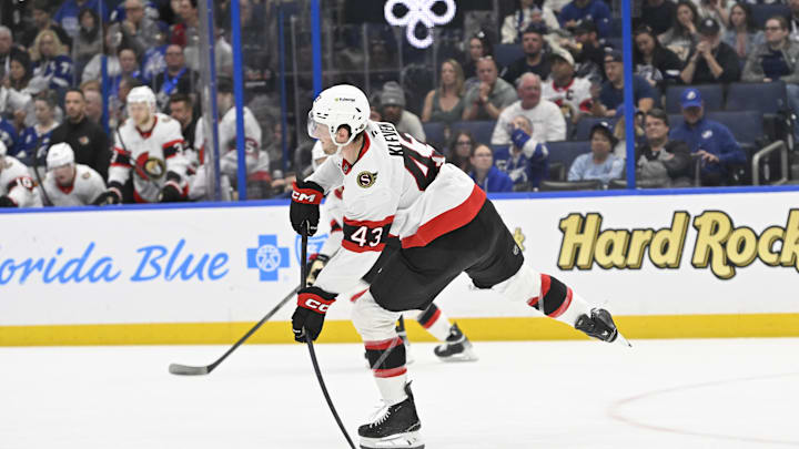 Mar 28, 2026; Tampa, Florida, USA; Ottawa Senators defenseman Tyler Kleven (43) skates with the puck during the third period against Tampa Bay Lightning at Benchmark International Arena. Mandatory Credit: Pablo Robles-Imagn Images