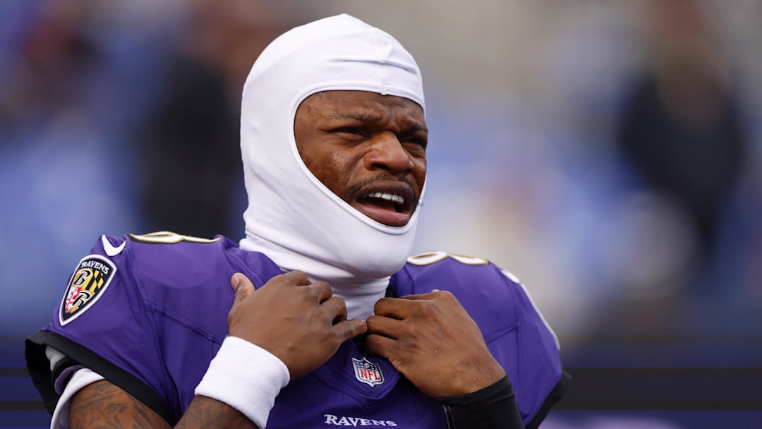 Dec 7, 2025; Baltimore, Maryland, USA; Baltimore Ravens quarterback Lamar Jackson (8) looks on during warmups before the game between the Pittsburgh Steelers and Baltimore Ravens at M&T Bank Stadium. Mandatory Credit: Peter Casey-Imagn Images