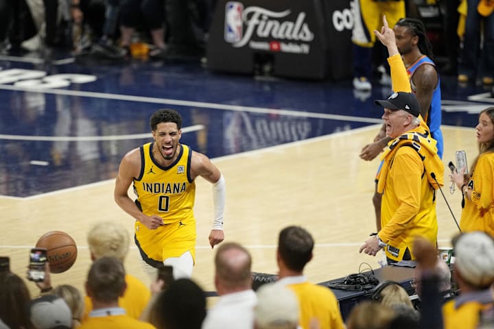 Indiana Pacers guard Tyrese Haliburton reacts after a play against the Oklahoma City Thunder in the NBA Finals. 