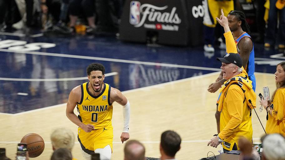Indiana Pacers guard Tyrese Haliburton reacts after a play against the Oklahoma City Thunder in the NBA Finals.