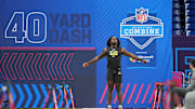 Feb 27, 2025; Indianapolis, IN, USA; Texas A&M defensive lineman Shemar Stewart (DL68) participates in drills during the 2025 NFL Combine at Lucas Oil Stadium. Mandatory Credit: Kirby Lee-Imagn Images