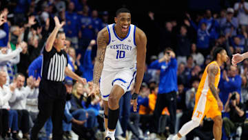 Feb 11, 2025; Lexington, Kentucky, USA; Kentucky Wildcats forward Brandon Garrison (10) reacts after making a three point basket during the first half against the Tennessee Volunteers at Rupp Arena at Central Bank Center. Mandatory Credit: Jordan Prather-Imagn Images
