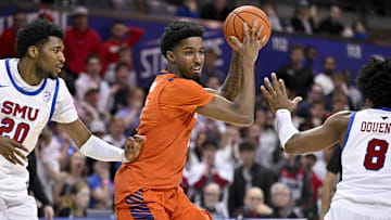 Feb 22, 2025; Dallas, Texas, USA; Clemson Tigers forward Chauncey Wiggins (7) in action during the game between the SMU Mustangs and the Clemson Tigers at Moody Coliseum. Mandatory Credit: Jerome Miron-Imagn Images