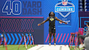 Feb 27, 2025; Indianapolis, IN, USA; Texas A&M defensive lineman Shemar Stewart (DL68) participates in drills during the 2025 NFL Combine at Lucas Oil Stadium. Mandatory Credit: Kirby Lee-Imagn Images