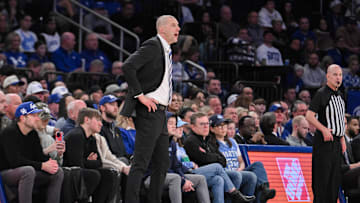 Dec 21, 2024; New York, New York, USA; Kentucky Wildcats head coach Mark Pope reacts during the first half against the Ohio State Buckeyes at Madison Square Garden. Mandatory Credit: John Jones-Imagn Images