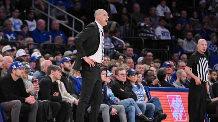 Dec 21, 2024; New York, New York, USA; Kentucky Wildcats head coach Mark Pope reacts during the first half against the Ohio State Buckeyes at Madison Square Garden. Mandatory Credit: John Jones-Imagn Images