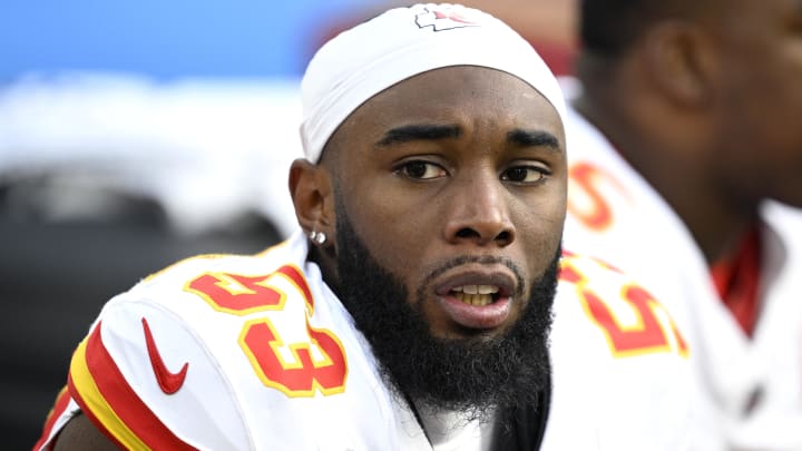 Jan 7, 2024; Inglewood, California, USA; Kansas City Chiefs defensive end BJ Thompson (53) looks on during the first half against the Los Angeles Chargers at SoFi Stadium. Mandatory Credit: Orlando Ramirez-USA TODAY Sports