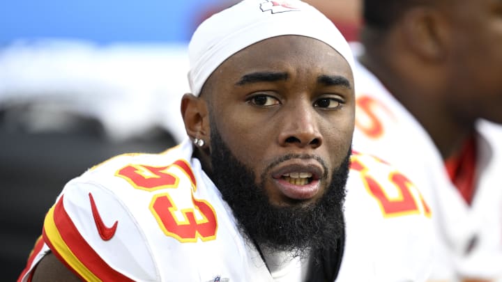 Jan 7, 2024; Inglewood, California, USA; Kansas City Chiefs defensive end BJ Thompson (53) looks on during the first half against the Los Angeles Chargers at SoFi Stadium. Mandatory Credit: Orlando Ramirez-USA TODAY Sports