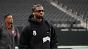 Nov 23, 2025; Paradise, Nevada, USA; Cleveland Browns quarterback Shedeur Sanders arrives before the game against the Las Vegas Raiders at Allegiant Stadium. Mandatory Credit: Kirby Lee-Imagn Images