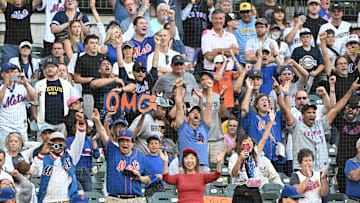 Sep 29, 2024; Milwaukee, Wisconsin, USA; New York Mets fans celebrate a 5-0 win over the Milwaukee Brewers at American Family Field. Mandatory Credit: Michael McLoone-Imagn Images