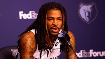 Sep 29, 2025; Memphis, TN, USA; Memphis Grizzlies guard Ja Morant speaks to media during a press conference on media day at FedEx. Forum.  Mandatory Credit: Petre Thomas-Imagn Images