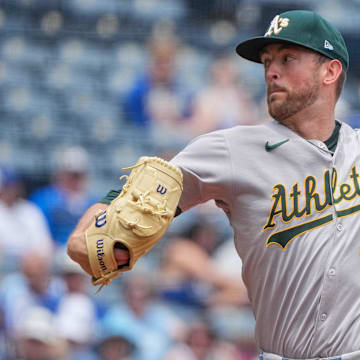 Jun 15, 2025; Kansas City, Missouri, USA; Athletics starting pitcher Jeffrey Springs (59) delivers a pitch against the Kansas City Royals during the first inning of the game at Kauffman Stadium. Mandatory Credit: Denny Medley-Imagn Images