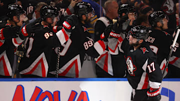 Oct 26, 2024; Buffalo, New York, USA;  Buffalo Sabres left wing Jason Zucker (17) celebrates his power play goal with teammates during the first period against the Detroit Red Wings at KeyBank Center. Mandatory Credit: Timothy T. Ludwig-Imagn Images