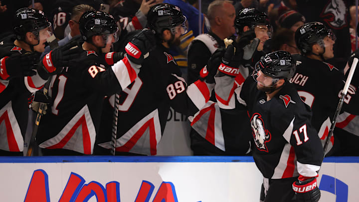 Oct 26, 2024; Buffalo, New York, USA;  Buffalo Sabres left wing Jason Zucker (17) celebrates his power play goal with teammates during the first period against the Detroit Red Wings at KeyBank Center. Mandatory Credit: Timothy T. Ludwig-Imagn Images
