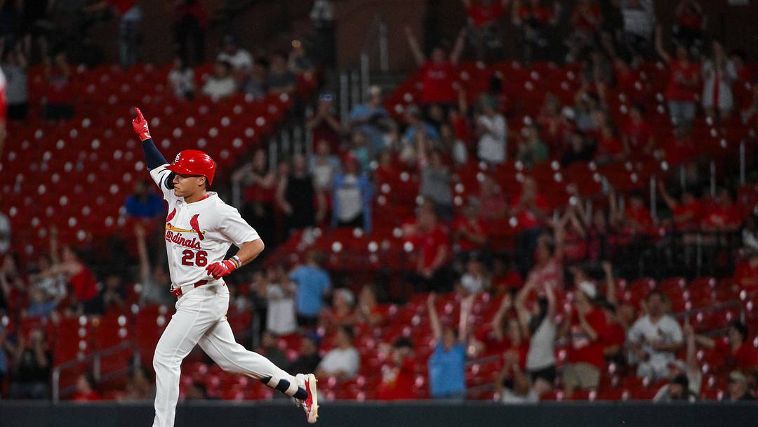 Apr 14, 2026: St. Louis Cardinals second baseman JJ Wetherholt (26) reacts as he runs the bases after hitting a two run home run for his second home run of the game against the Cleveland Guardians during the eighth inning at Busch Stadium. 