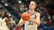 Nov 30, 2024; Storrs, Connecticut, USA; Connecticut Huskies forward Liam McNeeley (30) shoots a free throw during the second half against the Maryland Eastern Shore Hawks at XL Center. Mandatory Credit: Mark Smith-Imagn Images