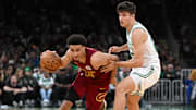 Oct 12, 2025; Boston, Massachusetts, USA; Cleveland Cavaliers guard Tyrese Proctor (24) drives to the basket against Boston Celtics guard Hugo González (28) during the second half at TD Garden. Mandatory Credit: Brian Fluharty-Imagn Images