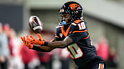 Nov 23, 2024; Corvallis, Oregon, USA; Oregon State Beavers wide receiver Taz Reddicks (10) makes a catch during the second quarter against the Washington State Cougars at Reser Stadium. Mandatory Credit: Craig Strobeck-Imagn Images