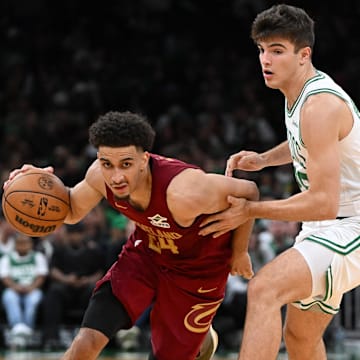 Oct 12, 2025; Boston, Massachusetts, USA; Cleveland Cavaliers guard Tyrese Proctor (24) drives to the basket against Boston Celtics guard Hugo González (28) during the second half at TD Garden. Mandatory Credit: Brian Fluharty-Imagn Images