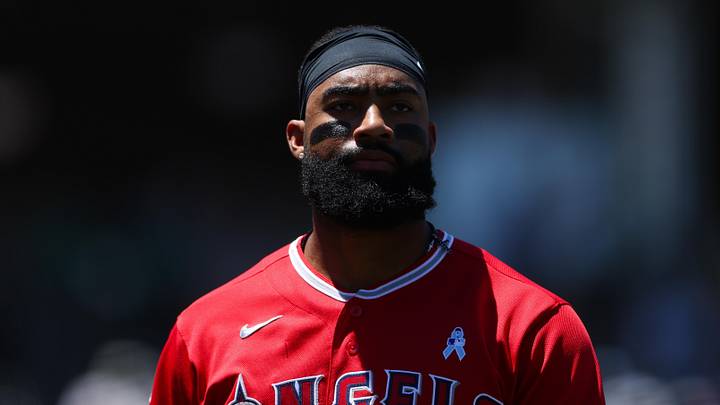West Sacramento, California, USA; Los Angeles Angels right fielder Jo Adell (7) looks on as he walks to the dugout after striking out during the third inning against the Athleticsat Sutter Health Park. Mandatory Credit: Scott Marshall-Imagn Images