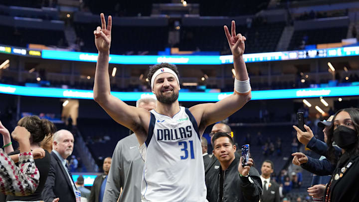 Dec 15, 2024; San Francisco, California, USA; Dallas Mavericks guard Klay Thompson (31) gestures while walking off of the court after defeating the Golden State Warriors at Chase Center.
