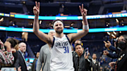Dec 15, 2024; San Francisco, California, USA; Dallas Mavericks guard Klay Thompson (31) gestures while walking off of the court after defeating the Golden State Warriors at Chase Center. Mandatory Credit: Darren Yamashita-Imagn Images