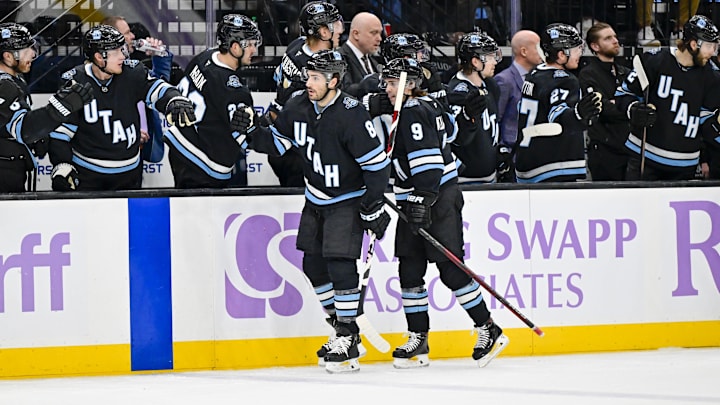 Jan 18, 2025; Salt Lake City, Utah, USA; Utah Hockey Club center Nick Schmaltz (8) celebrates after a goal against the St. Louis Blues during first period at the Delta Center. Mandatory Credit: Christopher Creveling-Imagn Images